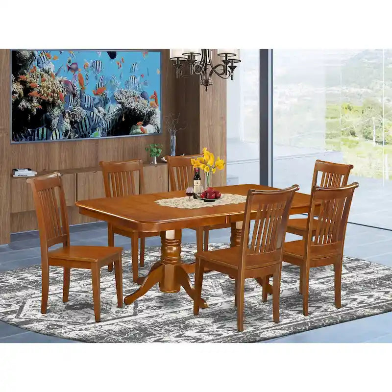 Saddle Brown Rectangular Dining Table Set with Butterfly Leaf, Seats 6
