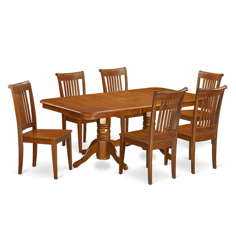 Saddle Brown Rectangular Dining Table Set with Butterfly Leaf, Seats 6