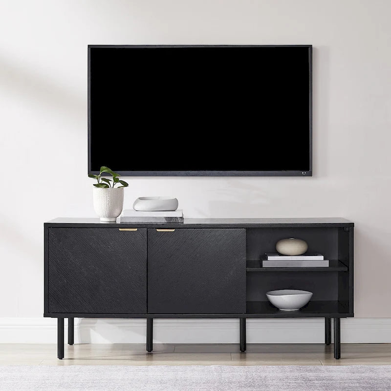 Black Oak Chevron Record Storage Sideboard with Brass Handles