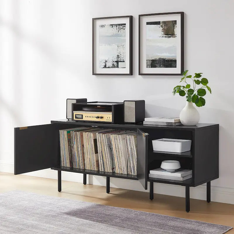 Black Oak Chevron Record Storage Sideboard with Brass Handles
