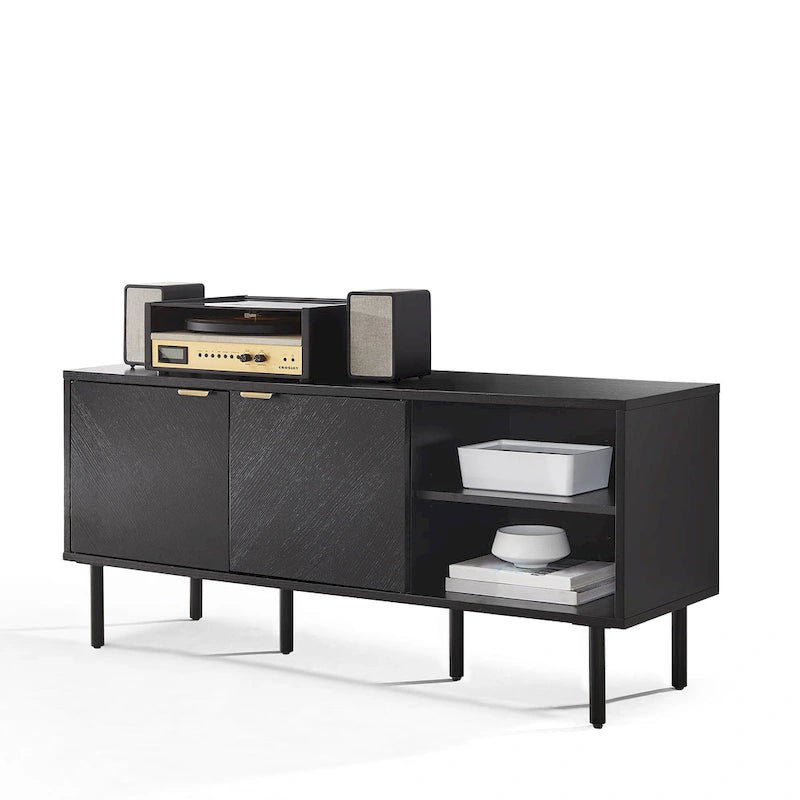 Black Oak Chevron Record Storage Sideboard with Brass Handles