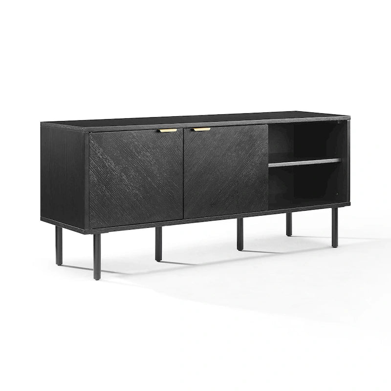 Black Oak Chevron Record Storage Sideboard with Brass Handles