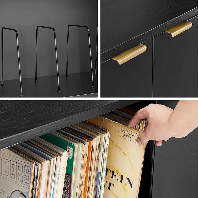 Black Oak Chevron Record Storage Sideboard with Brass Handles