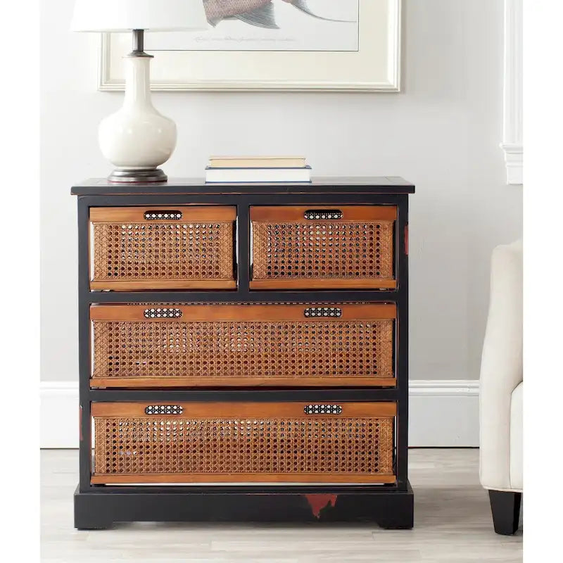 4-Drawer Cane Basket Storage Cabinet, Quartz Grey / Barley / Antique Black