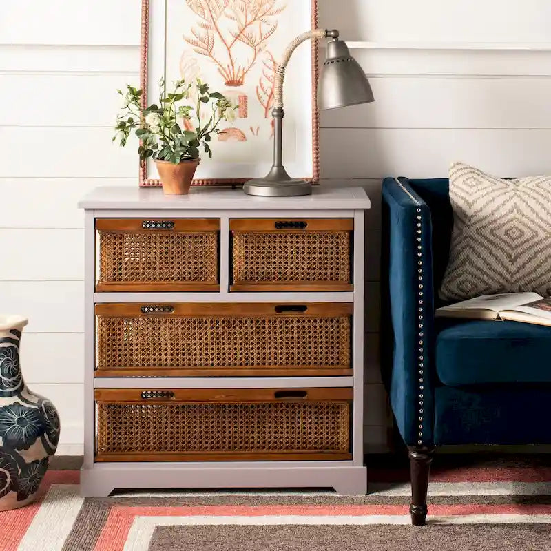 4-Drawer Cane Basket Storage Cabinet, Quartz Grey / Barley / Antique Black