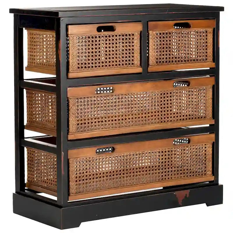 4-Drawer Cane Basket Storage Cabinet, Quartz Grey / Barley / Antique Black
