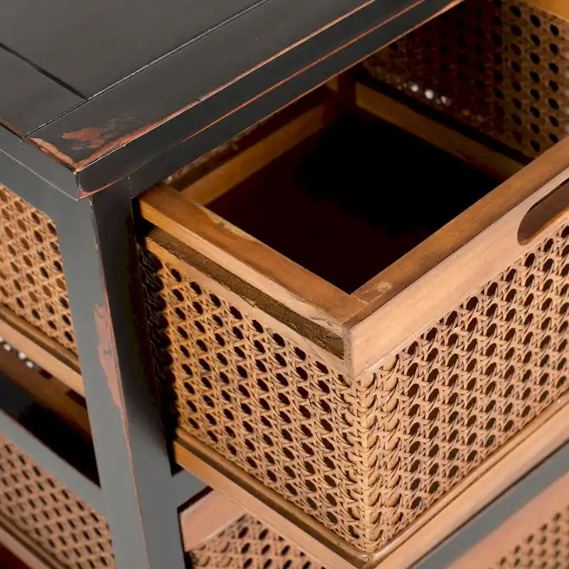 4-Drawer Cane Basket Storage Cabinet, Quartz Grey / Barley / Antique Black
