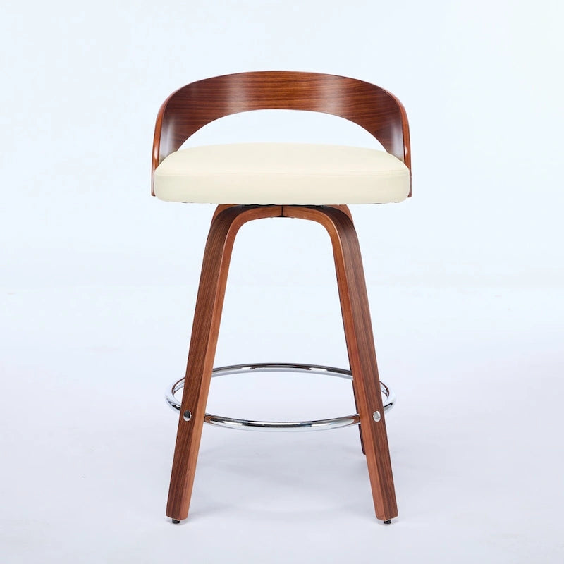 Beige Swivel Bar Stool with Low Back, Faux Leather Seat, Set of 2