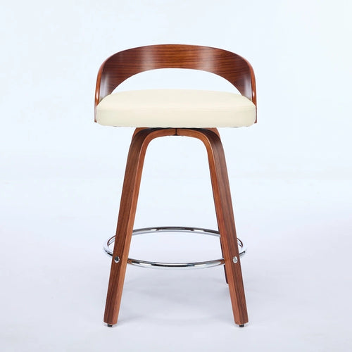 Beige Swivel Bar Stool with Low Back, Faux Leather Seat, Set of 2