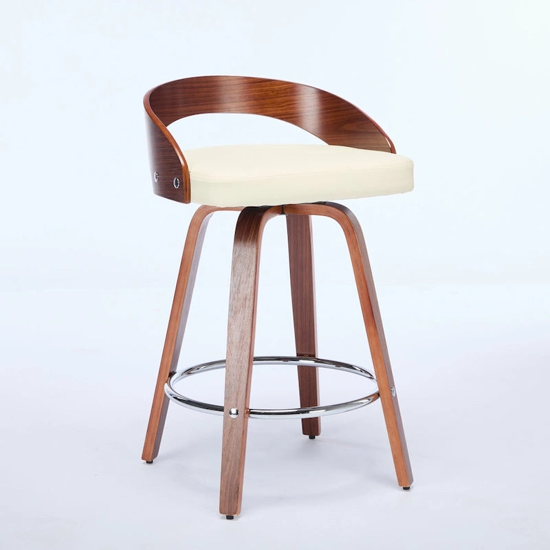 Beige Swivel Bar Stool with Low Back, Faux Leather Seat, Set of 2