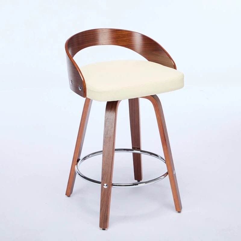 Beige Swivel Bar Stool with Low Back, Faux Leather Seat, Set of 2