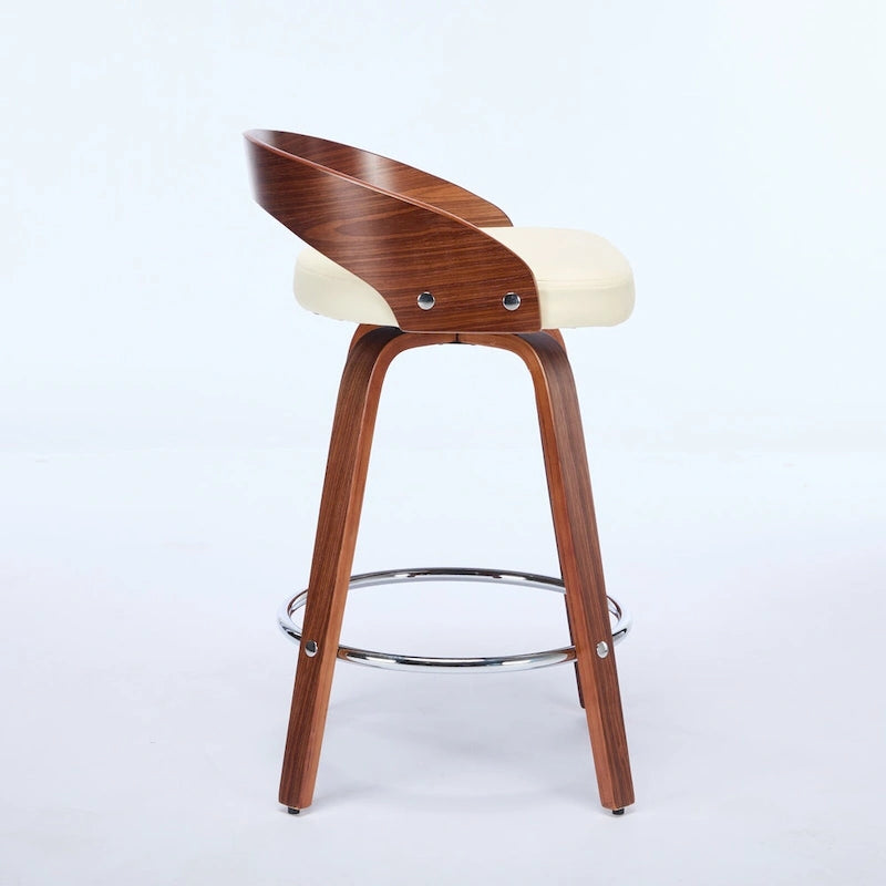 Beige Swivel Bar Stool with Low Back, Faux Leather Seat, Set of 2