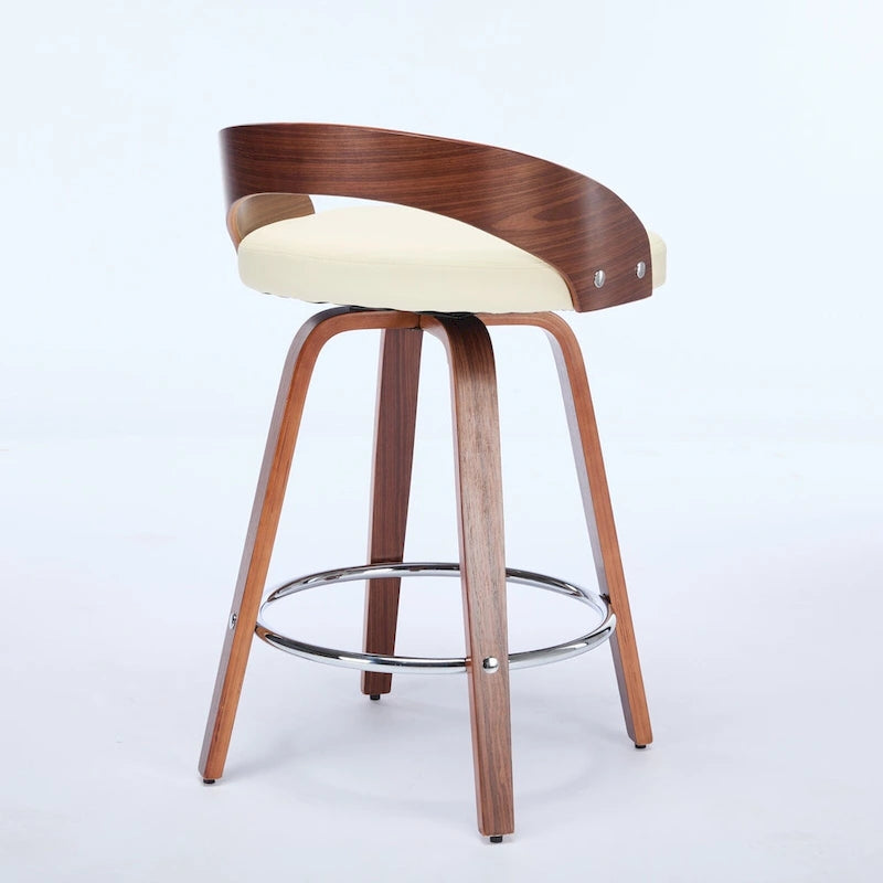 Beige Swivel Bar Stool with Low Back, Faux Leather Seat, Set of 2