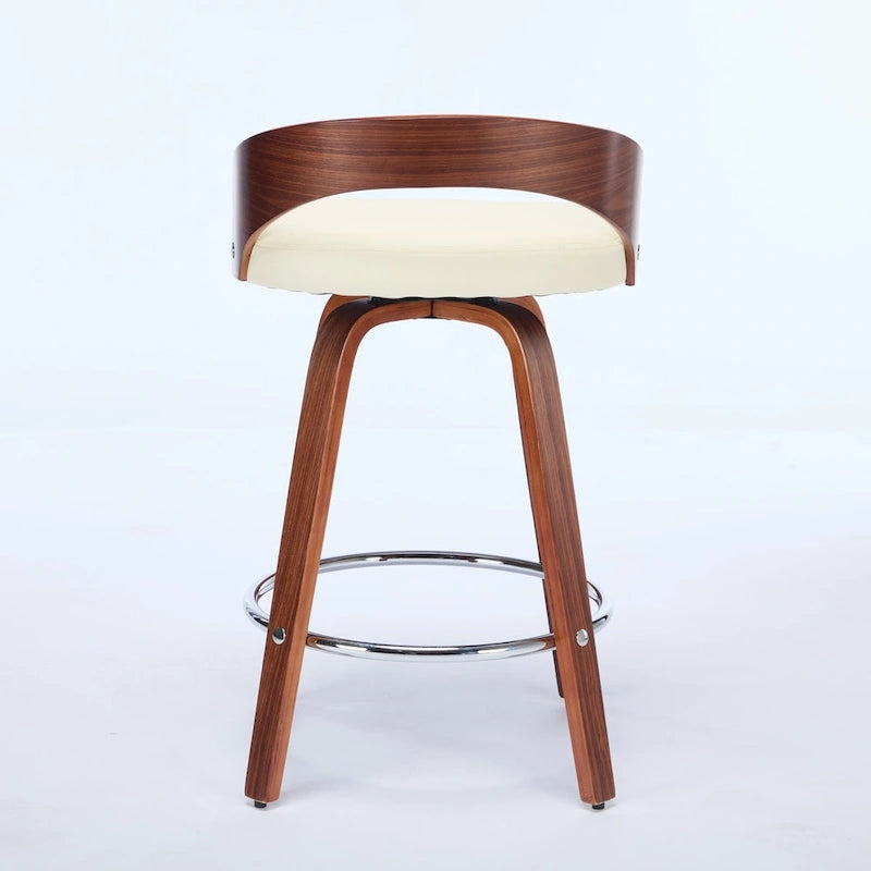 Beige Swivel Bar Stool with Low Back, Faux Leather Seat, Set of 2