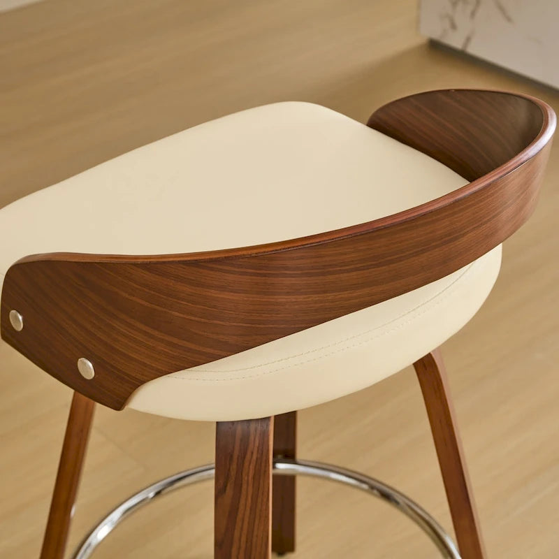 Beige Swivel Bar Stool with Low Back, Faux Leather Seat, Set of 2