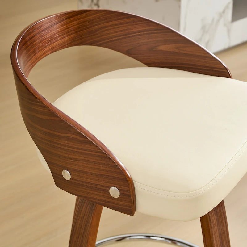 Beige Swivel Bar Stool with Low Back, Faux Leather Seat, Set of 2
