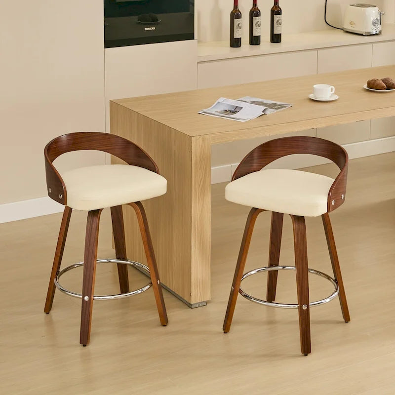 Beige Swivel Bar Stool with Low Back, Faux Leather Seat, Set of 2