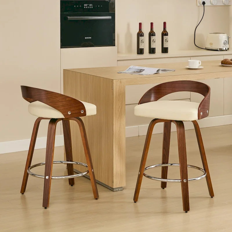 Beige Swivel Bar Stool with Low Back, Faux Leather Seat, Set of 2