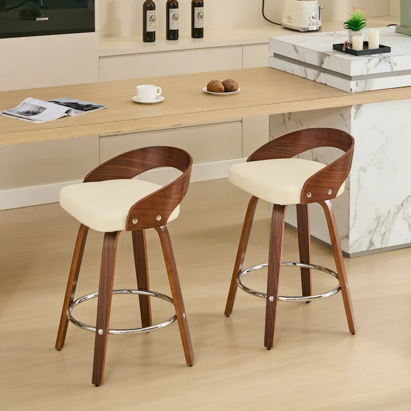 Beige Swivel Bar Stool with Low Back, Faux Leather Seat, Set of 2