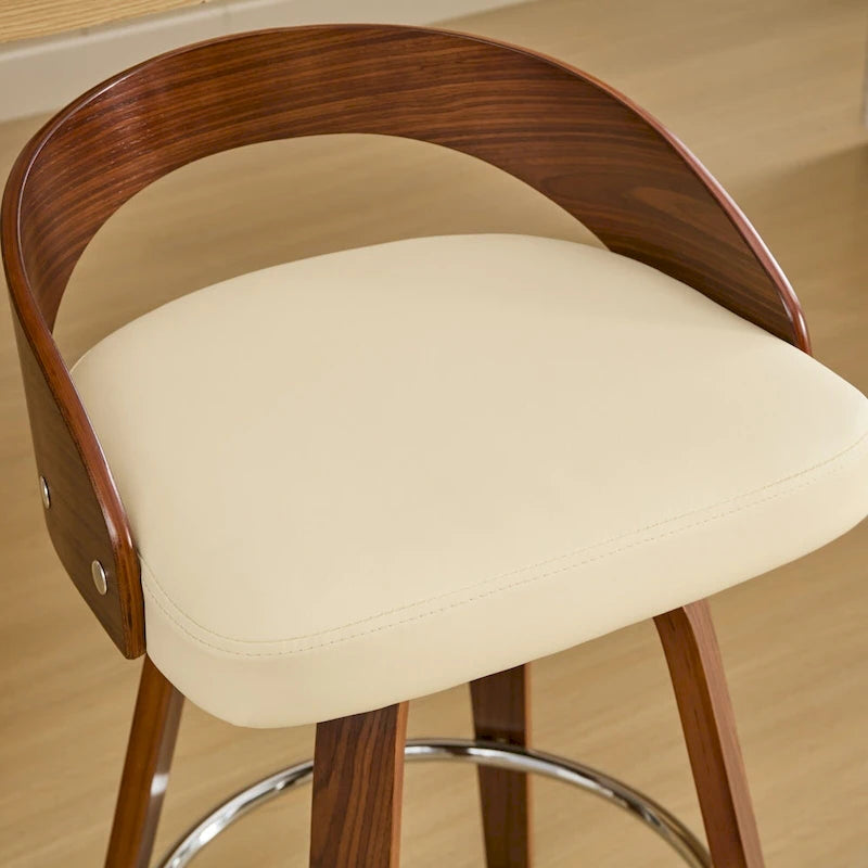 Beige Swivel Bar Stool with Low Back, Faux Leather Seat, Set of 2