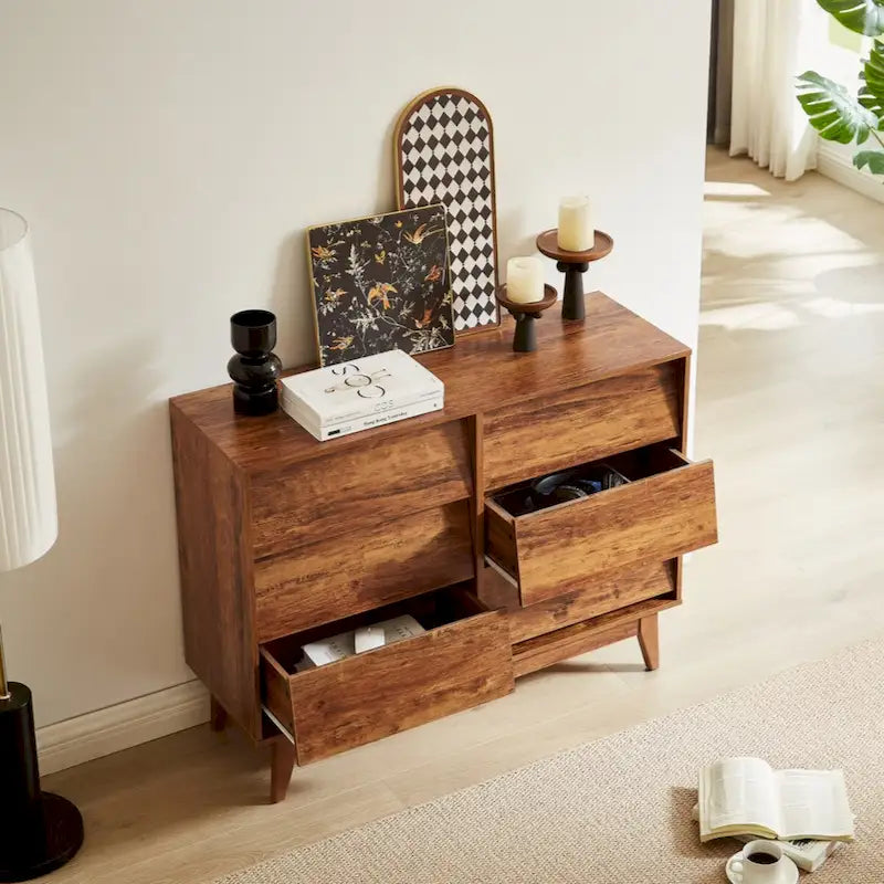 Brown 6-Drawer Double Dresser, Vintage Bevel Style