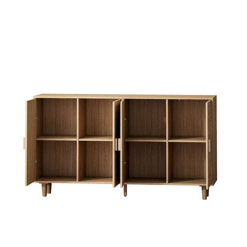 Natural 4-Door Rattan Storage Cabinet with Wood Legs – 1 Person Assembly