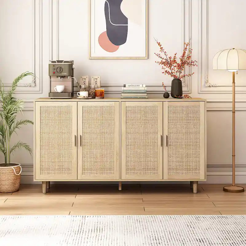 Natural 4-Door Rattan Storage Cabinet with Wood Legs – 1 Person Assembly