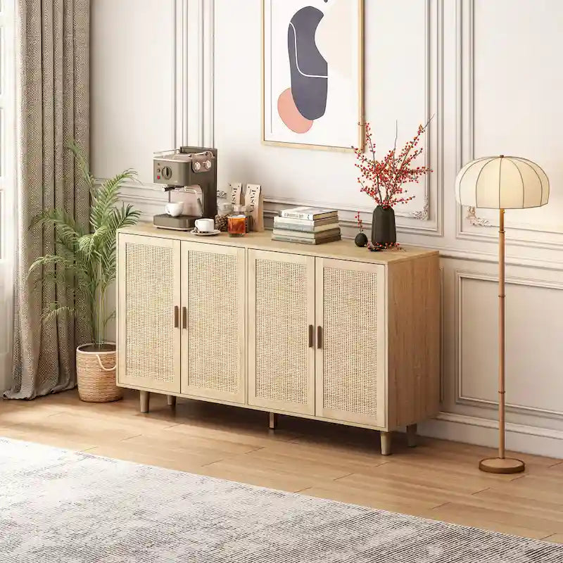 Natural 4-Door Rattan Storage Cabinet with Wood Legs – 1 Person Assembly