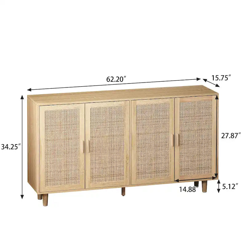 Natural 4-Door Rattan Storage Cabinet with Wood Legs – 1 Person Assembly