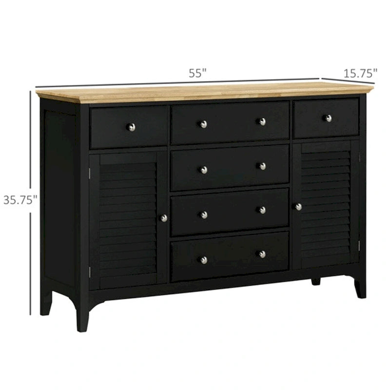 Black Wood Sideboard with 2 Cabinets & 6 Drawers, 1-Person Assembly