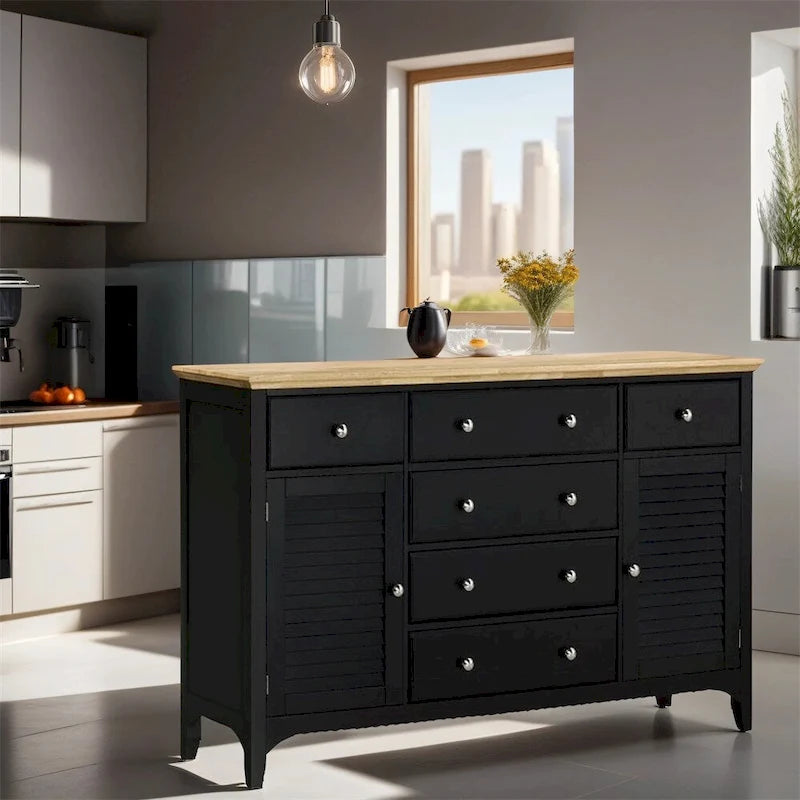 Black Wood Sideboard with 2 Cabinets & 6 Drawers, 1-Person Assembly
