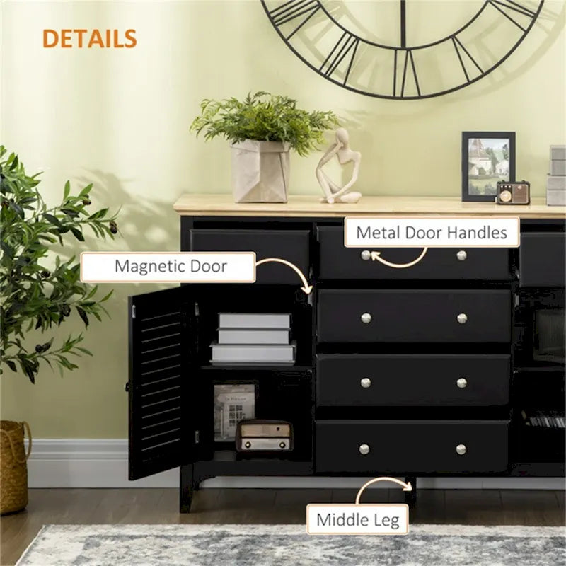 Black Wood Sideboard with 2 Cabinets & 6 Drawers, 1-Person Assembly