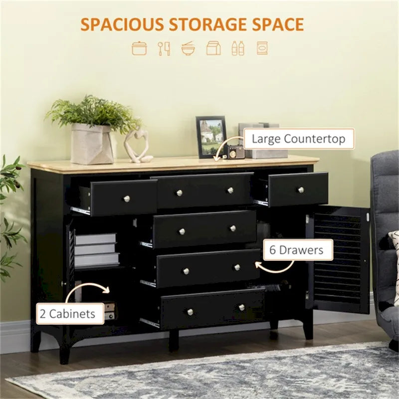 Black Wood Sideboard with 2 Cabinets & 6 Drawers, 1-Person Assembly