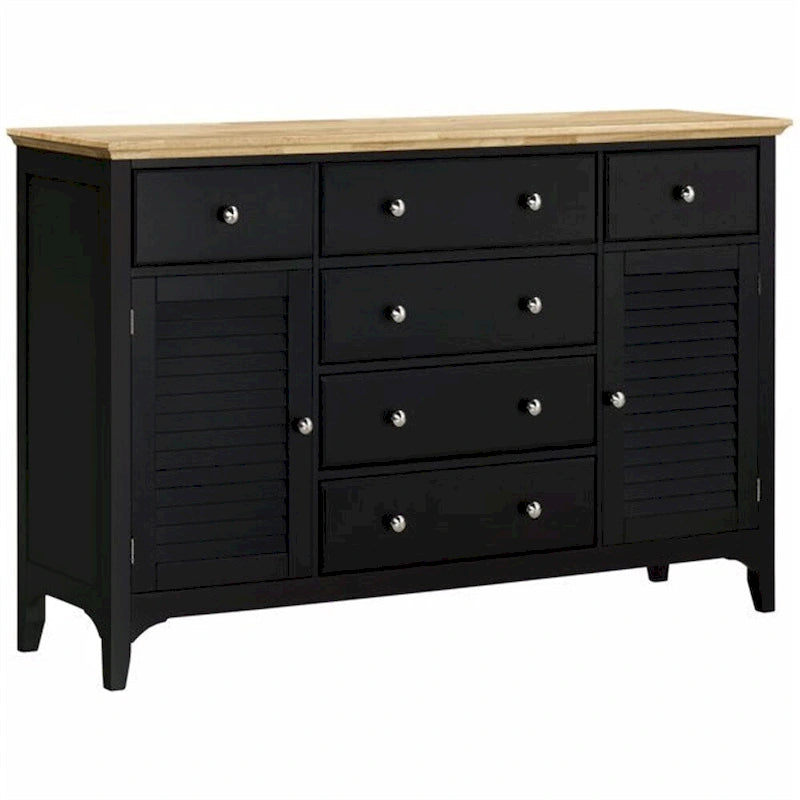 Black Wood Sideboard with 2 Cabinets & 6 Drawers, 1-Person Assembly