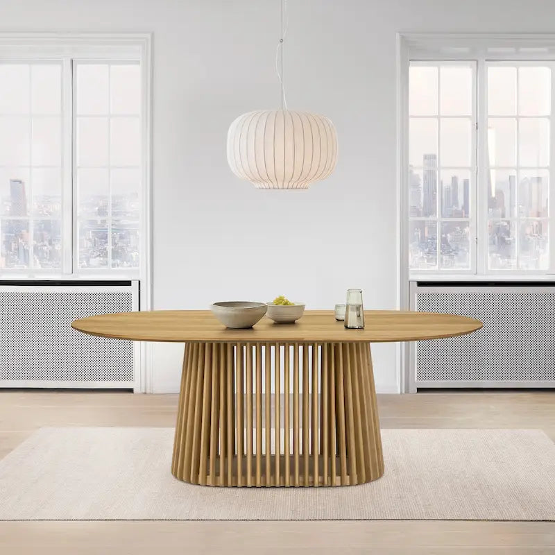 Natural Oak / Walnut / Black Oval Dining Table, Slatted Pedestal Base, Seats 7