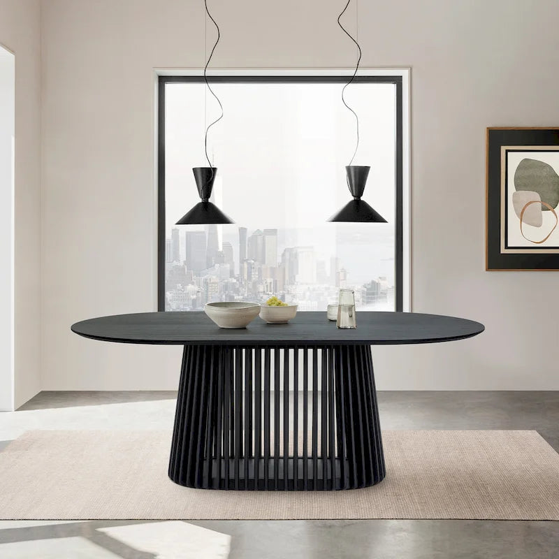 Natural Oak / Walnut / Black Oval Dining Table, Slatted Pedestal Base, Seats 7