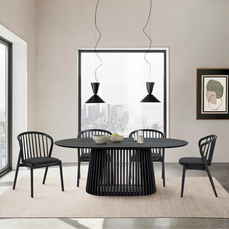 Natural Oak / Walnut / Black Oval Dining Table, Slatted Pedestal Base, Seats 7