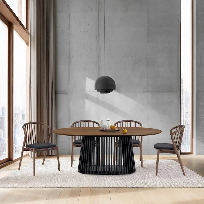 Natural Oak / Walnut / Black Oval Dining Table, Slatted Pedestal Base, Seats 7