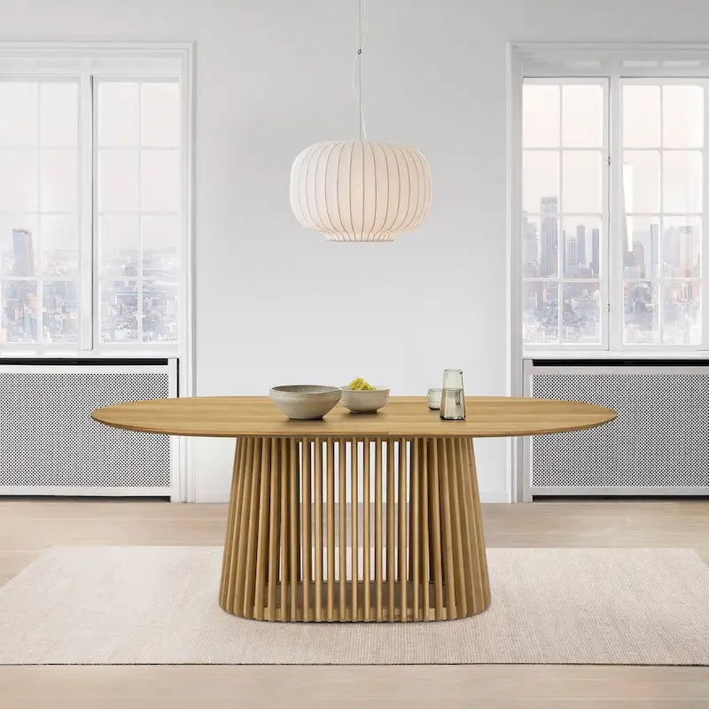 Natural Oak / Walnut / Black Oval Dining Table, Slatted Pedestal Base, Seats 7