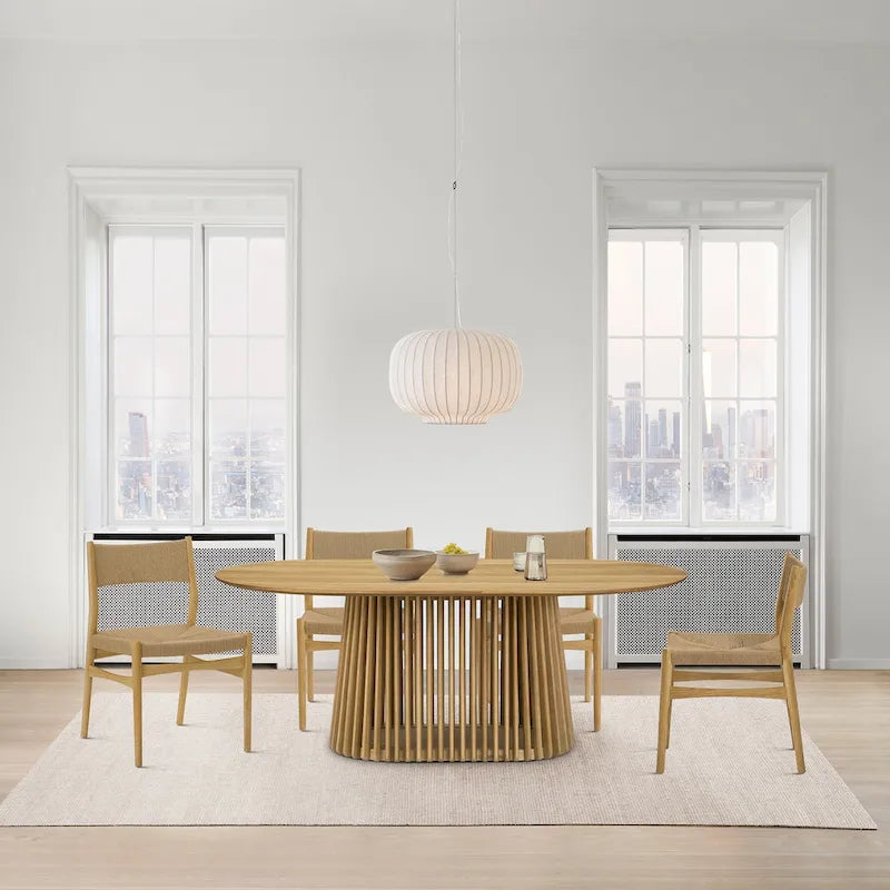 Natural Oak / Walnut / Black Oval Dining Table, Slatted Pedestal Base, Seats 7
