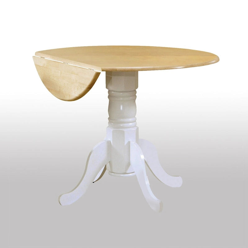 Natural Brown & White Round Drop Leaf Dining Table, Carved Pedestal Base