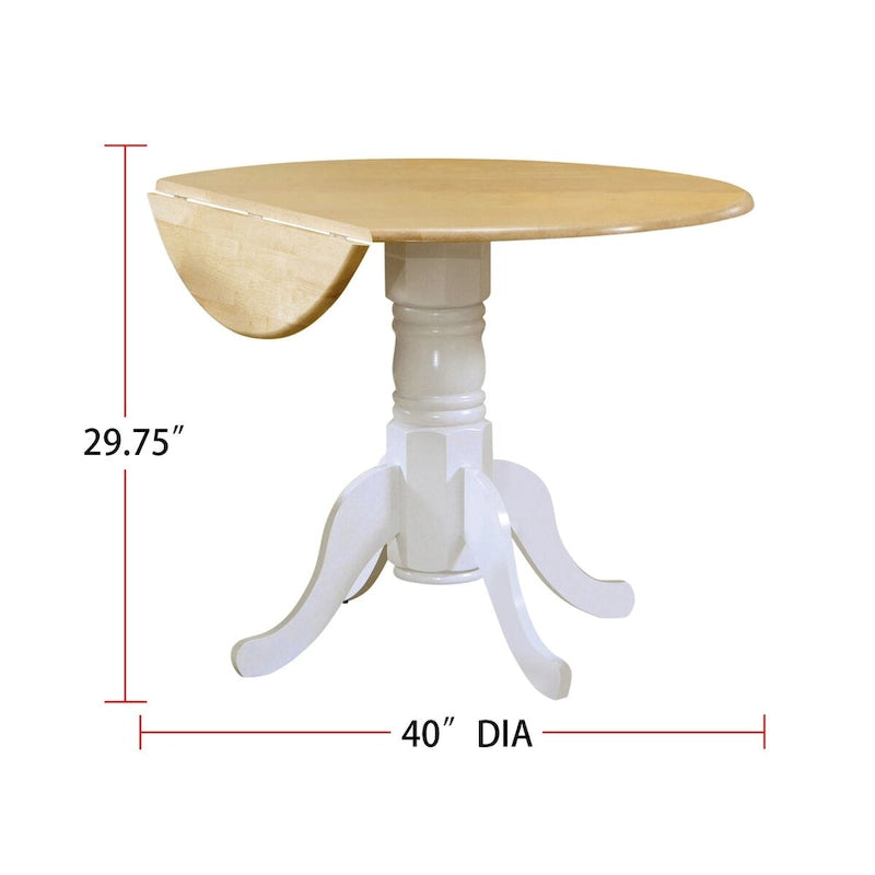 Natural Brown & White Round Drop Leaf Dining Table, Carved Pedestal Base