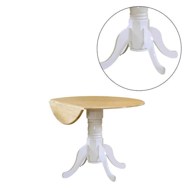 Natural Brown & White Round Drop Leaf Dining Table, Carved Pedestal Base