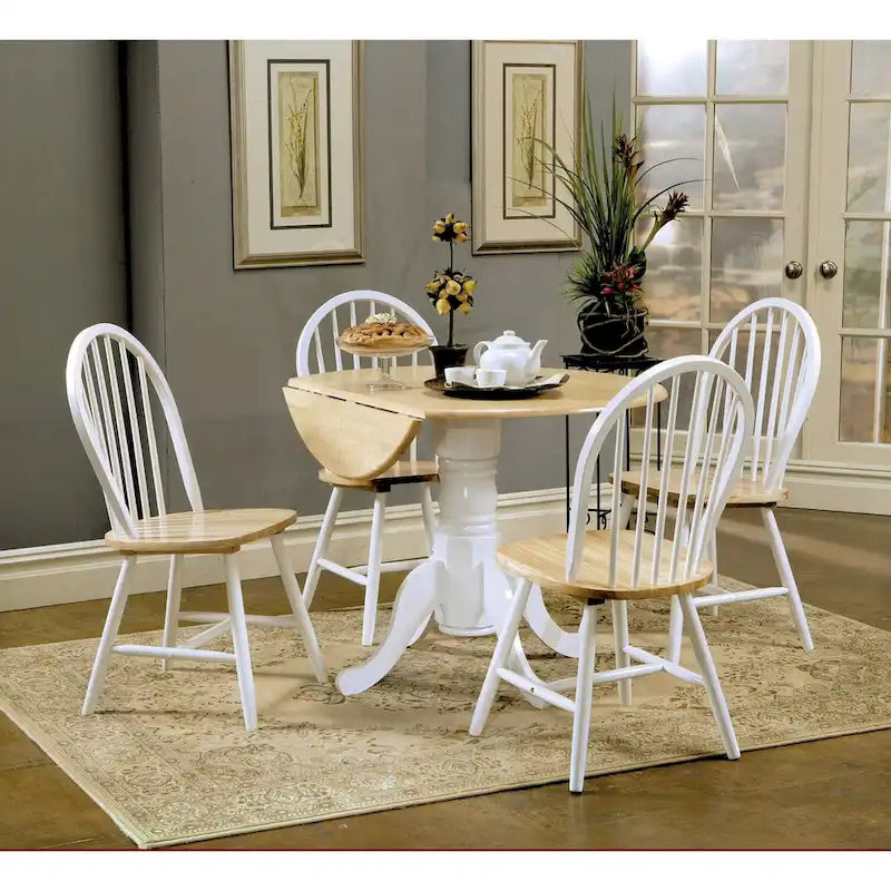 Natural Brown & White Round Drop Leaf Dining Table, Carved Pedestal Base