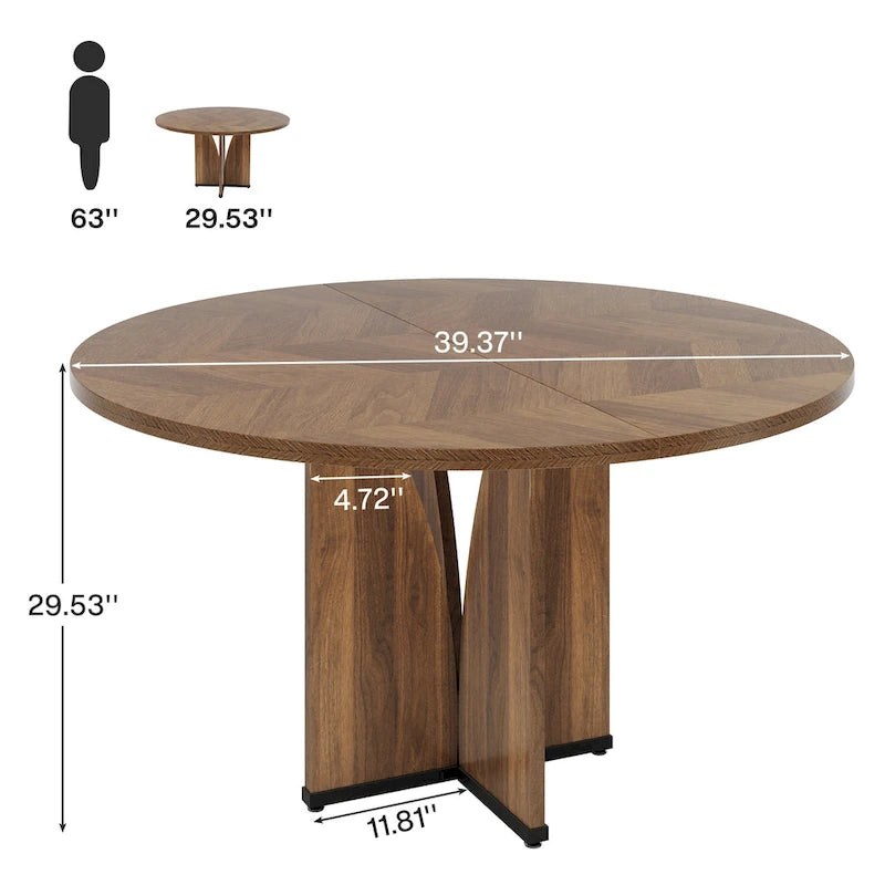 Brown Round Pedestal Dining Table, Seats 4, 39.37"