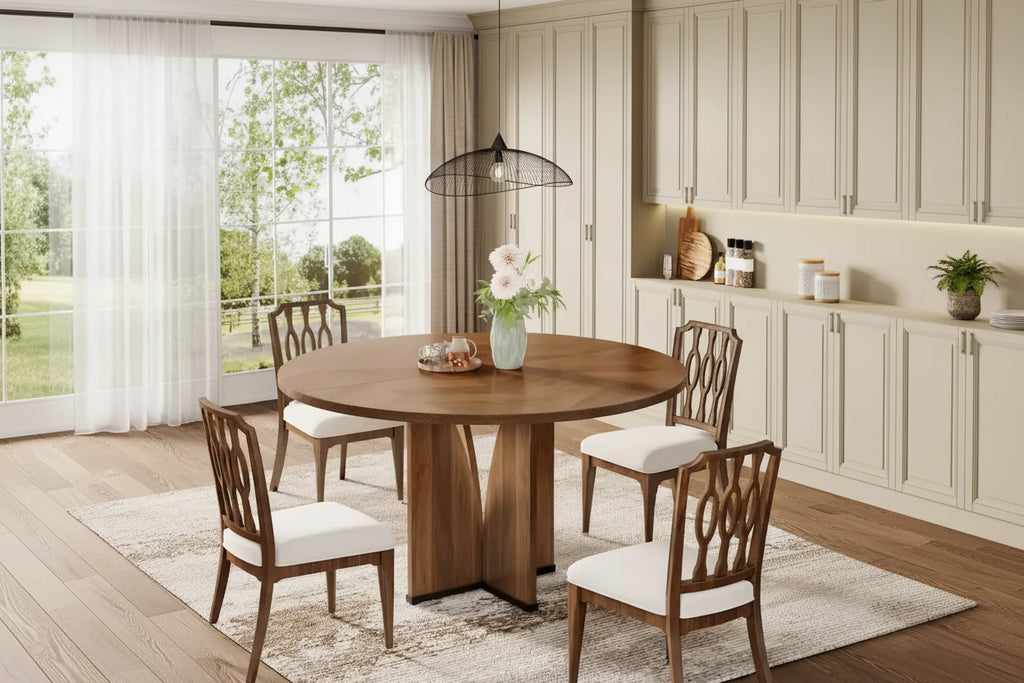 Brown Round Pedestal Dining Table, Seats 4, 39.37"