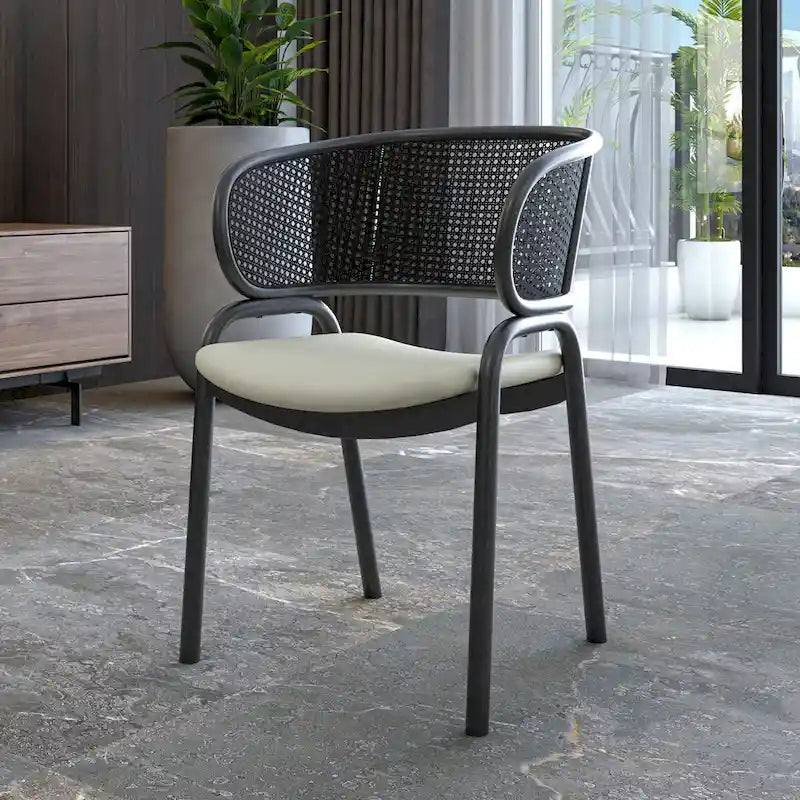 Grey / Beige / Navy Blue / Black Upholstered Dining Chair, Rattan Back with Iron Legs