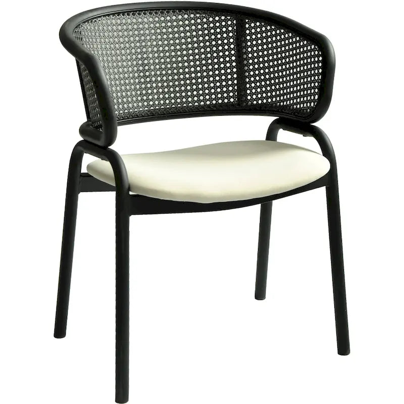 Grey / Beige / Navy Blue / Black Upholstered Dining Chair, Rattan Back with Iron Legs