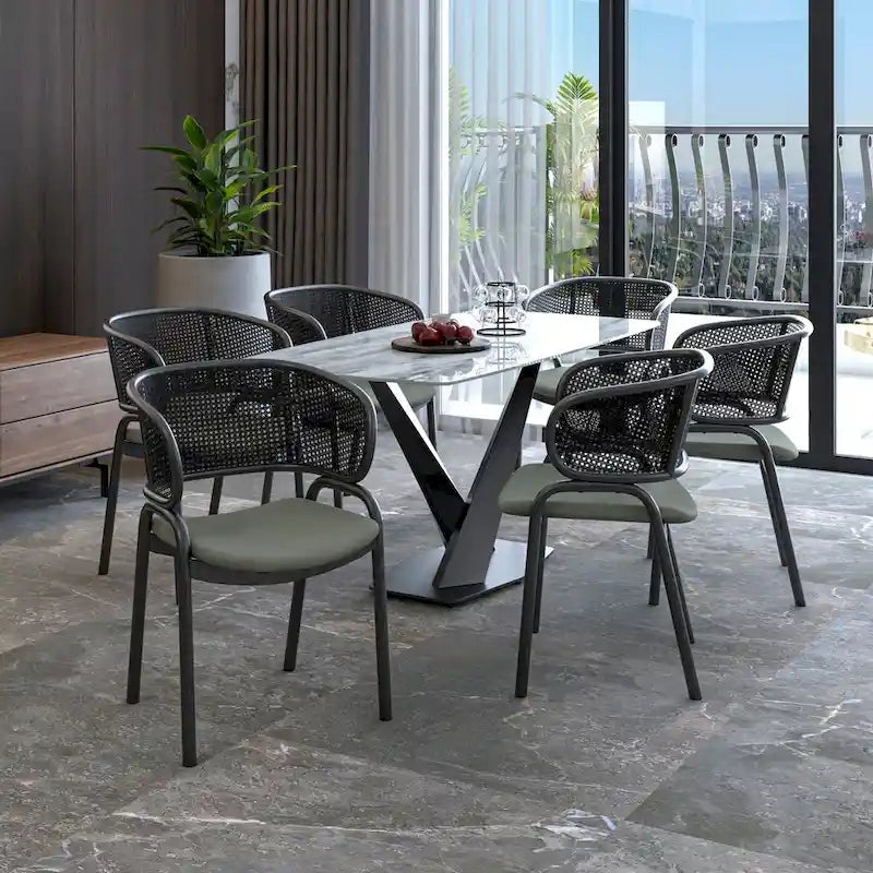 Grey / Beige / Navy Blue / Black Upholstered Dining Chair, Rattan Back with Iron Legs