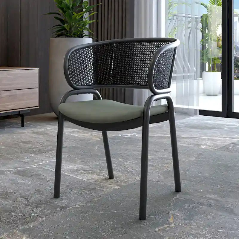 Grey / Beige / Navy Blue / Black Upholstered Dining Chair, Rattan Back with Iron Legs